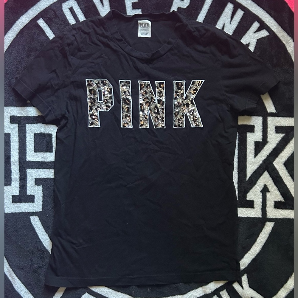 PINK Victoria's Secret Black Tee with Floral Lettering